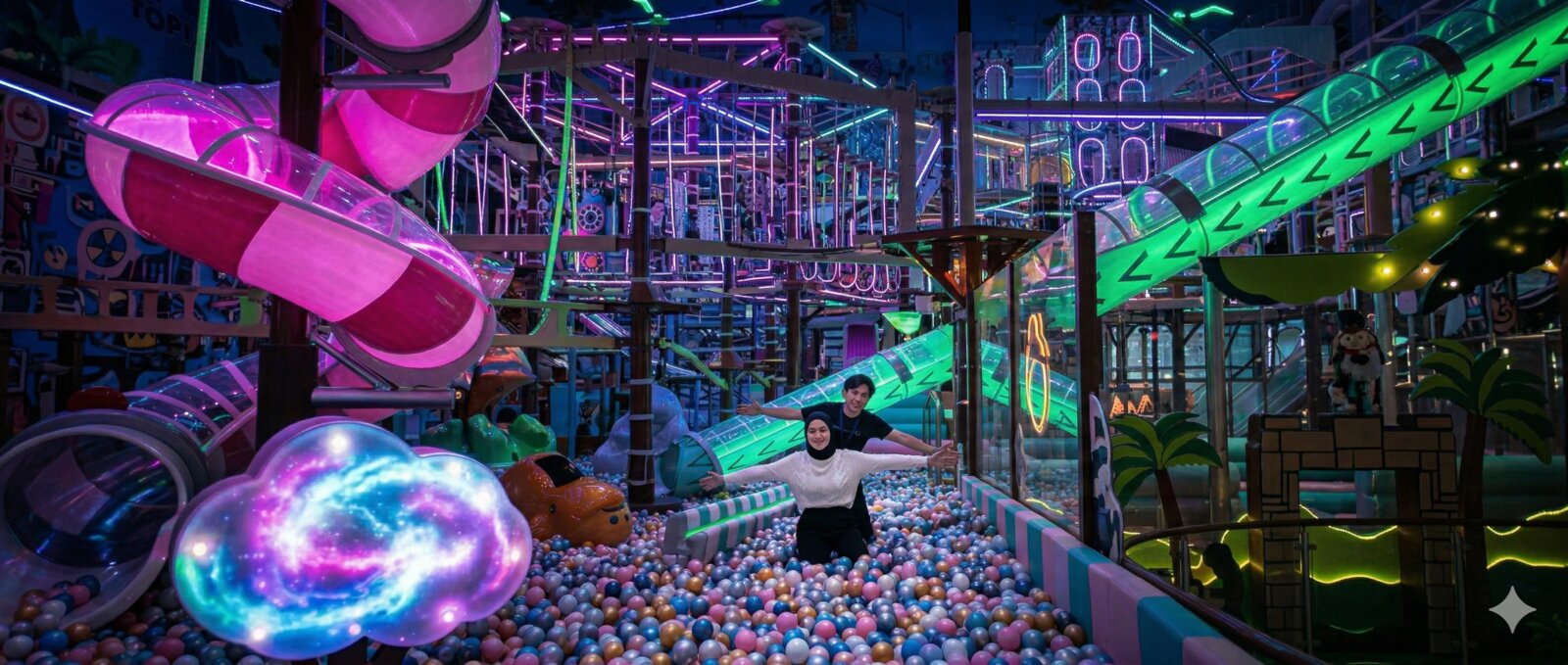 Wide view of neon-lit indoor playground