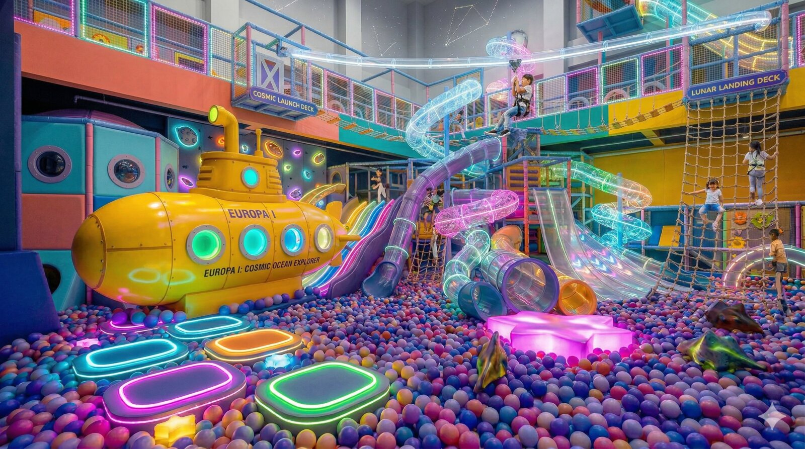 Yellow submarine play structure with ball pit