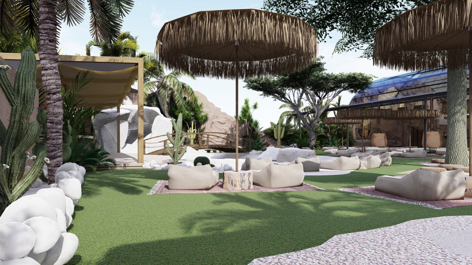 Penny Lane waterfall garden with day beds and lounge area. Canggu Bali family venue