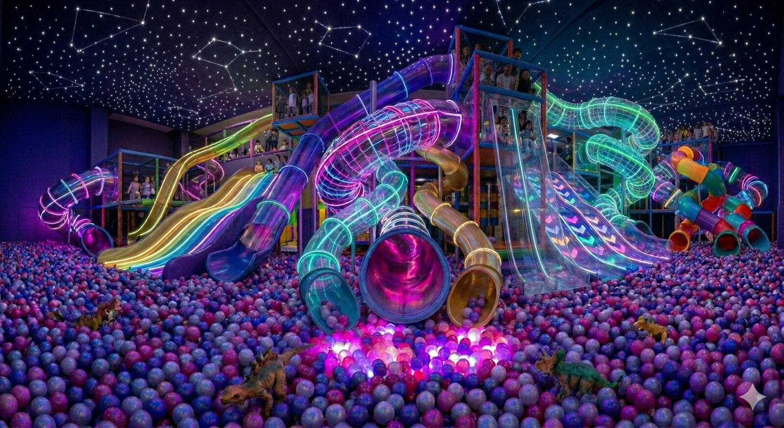 Yellow Submarine indoor playground. Giant neon ball pit with slides